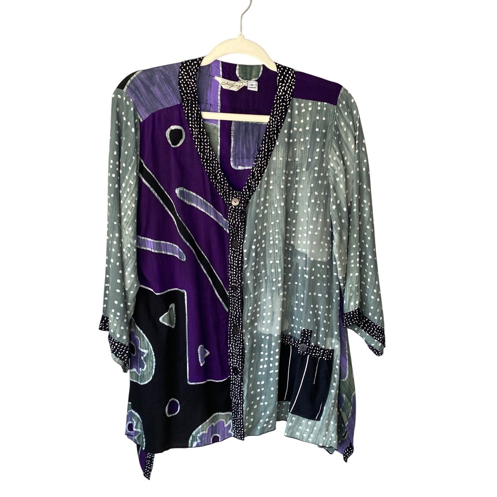 Lyng Womens M Purple Green Abstract Batik Art to Wear Button Front Tunic Top